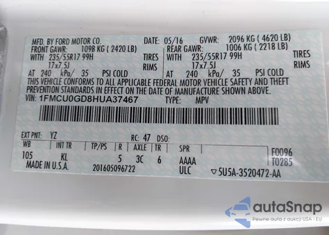 2017 Ford Escape Se из США, поврежденный, VIN 1FMCU0GD8HUA37467